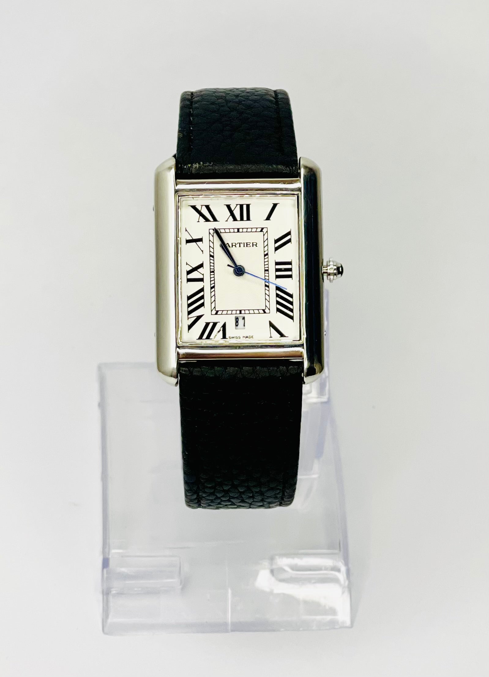 Cartier tank | Silver Case | Black Strap | White Dial