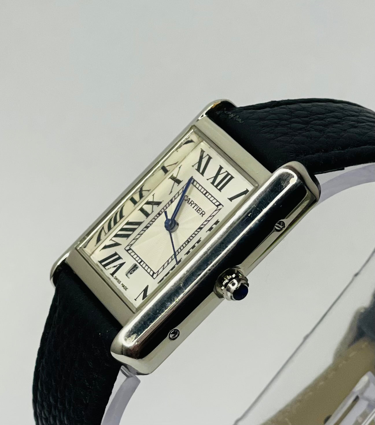Cartier tank | Silver Case | Black Strap | White Dial